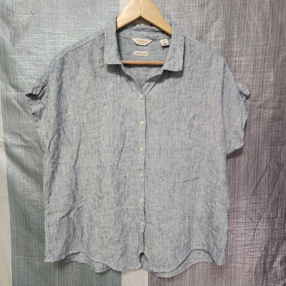 Weatherproof Vintage Coastal Womens Blue White Striped Linen Blend Button Down L